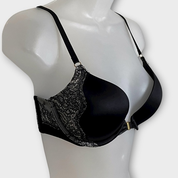 VICTORIA’S SECRET 32D very sexy plunge lace black push up bra front close clasp - Picture 1 of 5